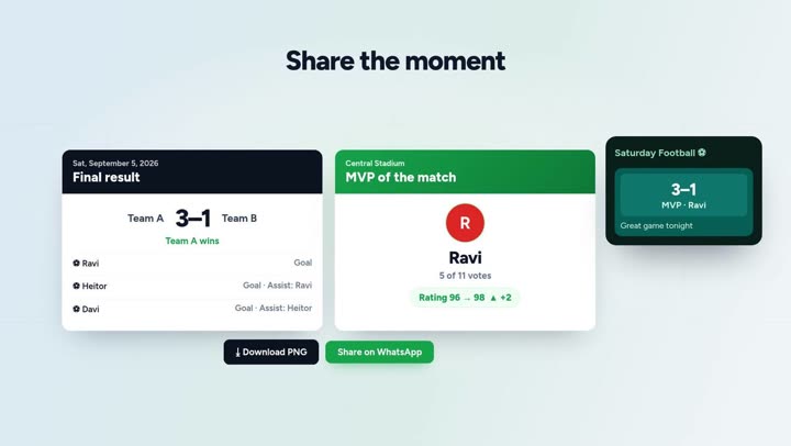 FootDraw explainer video showing balanced teams, match day, and player stats